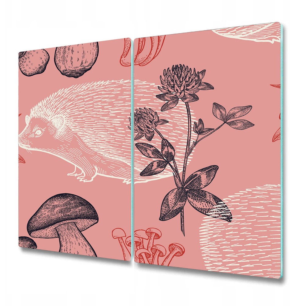 Glass Chopping Cutting Board Mushrooms with hedgehog pink and white 2x30x52