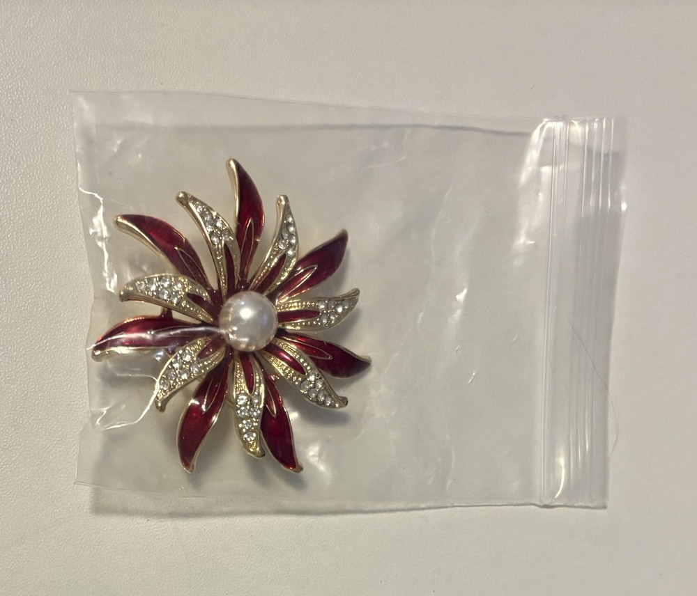 Fashion Jewelry Flower Brooch Pin Red Enamel Gold Rhinestone Faux Pearl