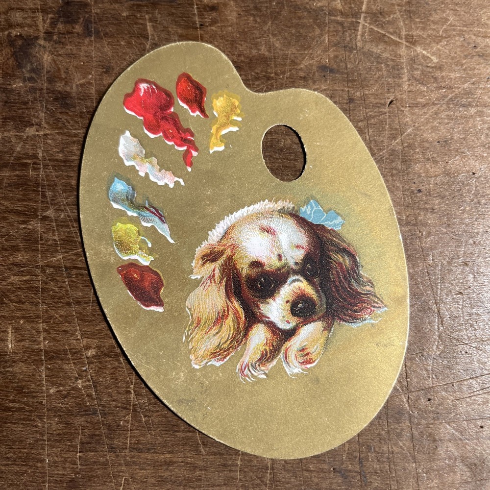 Antique Victorian Trading CardArtist Palette Die Cut Dog Head Gold Tone - B1