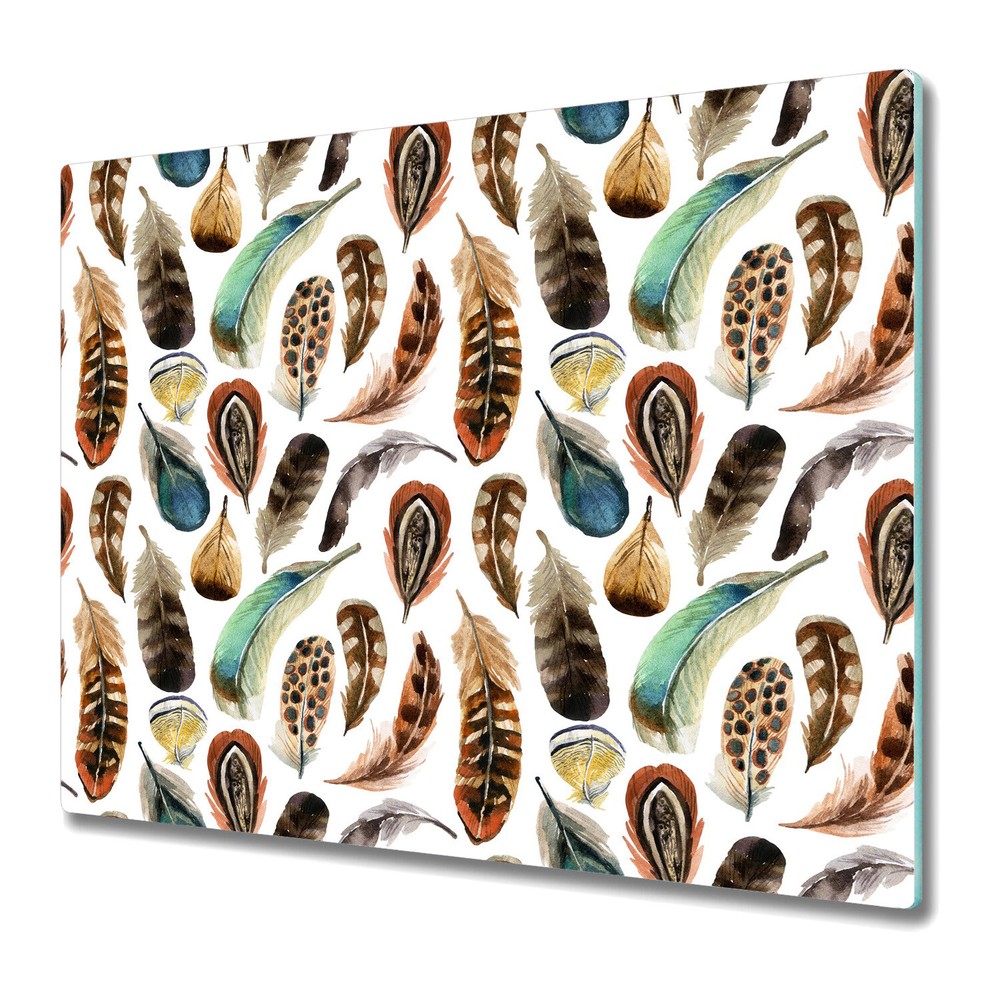 Glass Kitchen Chopping Board Watercolour feather brown and white 60x52