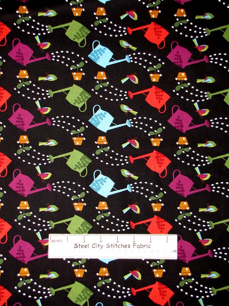 Garden Water Can Fabric Watering Cans Black Cotton C9582 Timeless Treasures Yard
