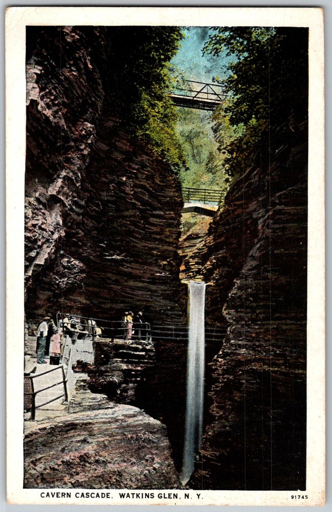 Vtg Postcard Cavern Cascade Waterfall Watkins Glen, NY 1940s