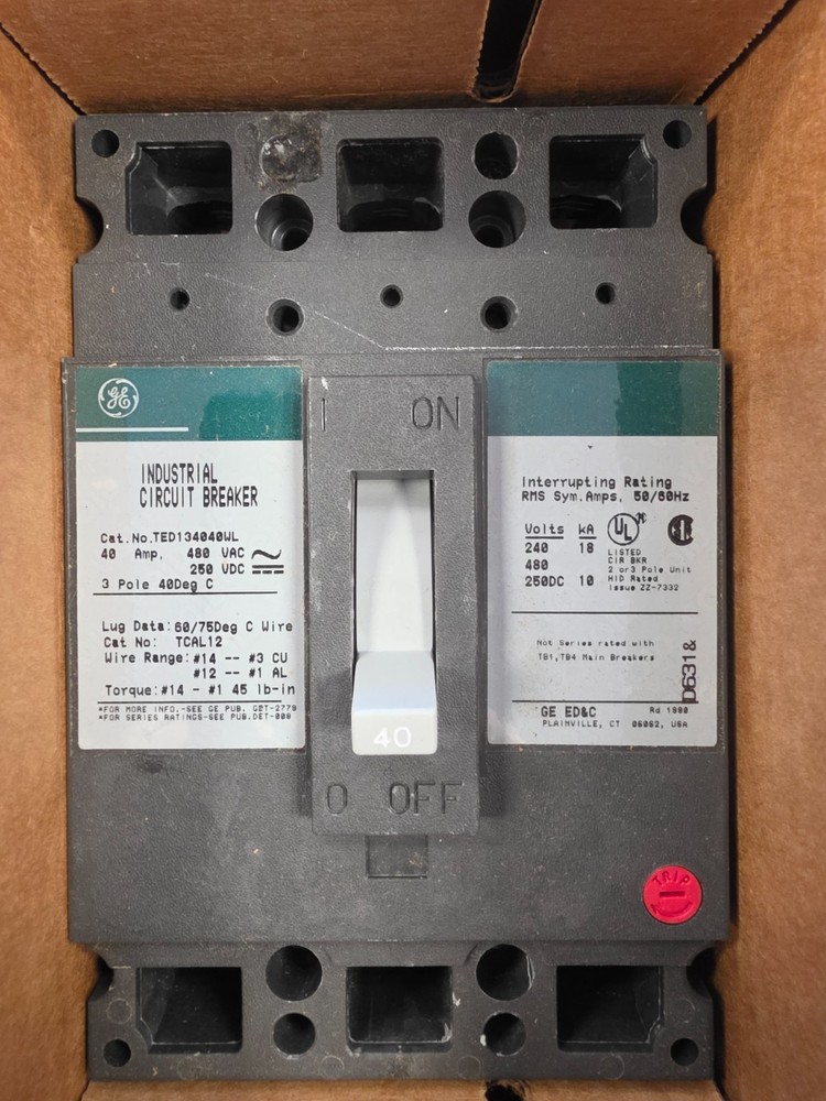 NEW GE TED134040 Industrial Circuit Breaker 40A 3-Pole 480VAC/250 VDC