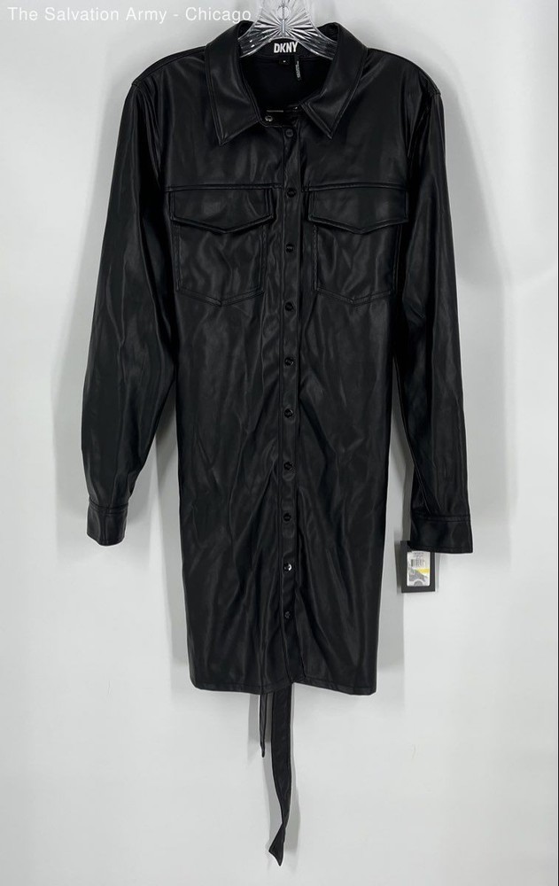 DKNY Womens Black Leather Collared Long Sleeve Shirt Dress Size Medium