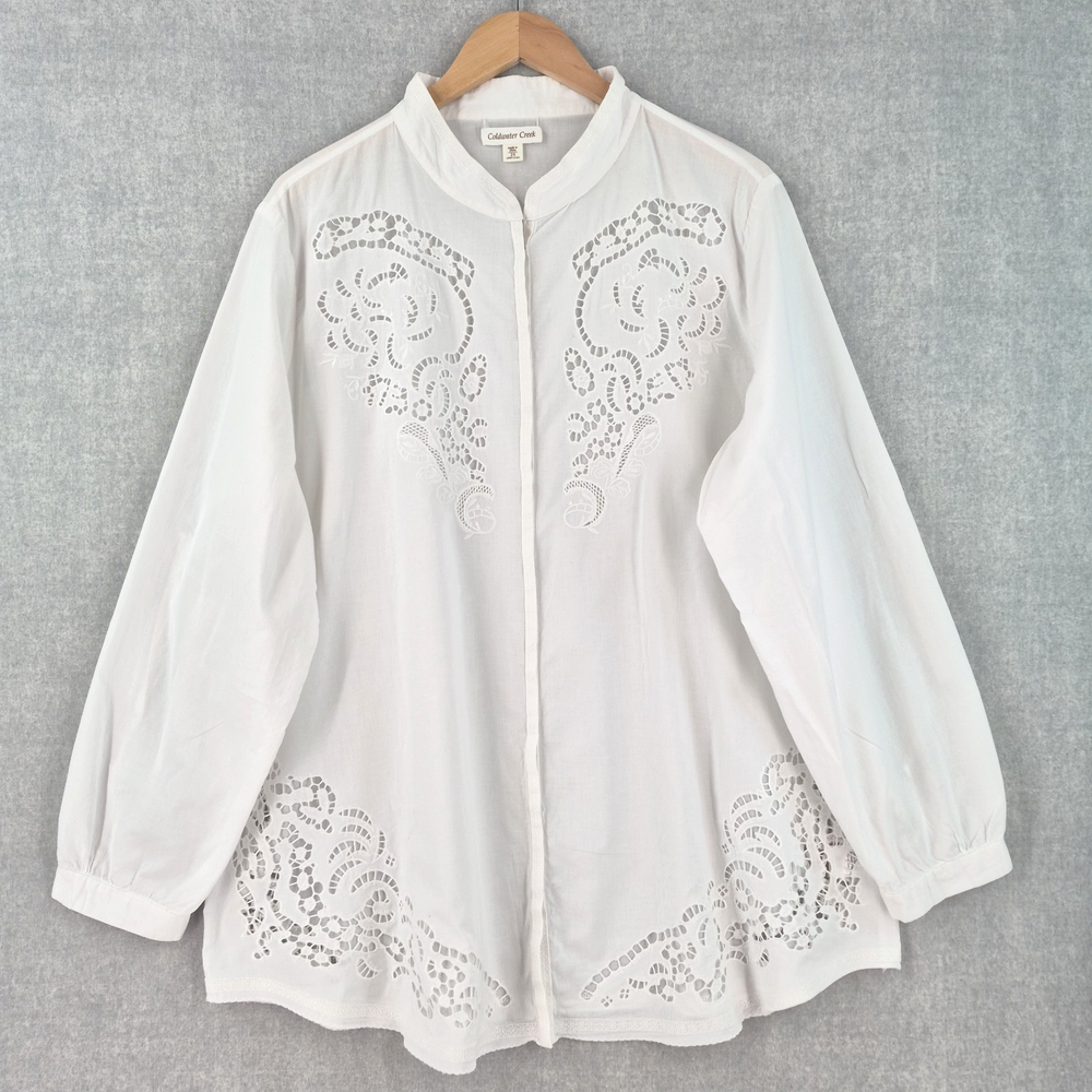 Coldwater Creek Shirt Womens 2X White Embroidered Eyelet Boho Tunic Cotton Top