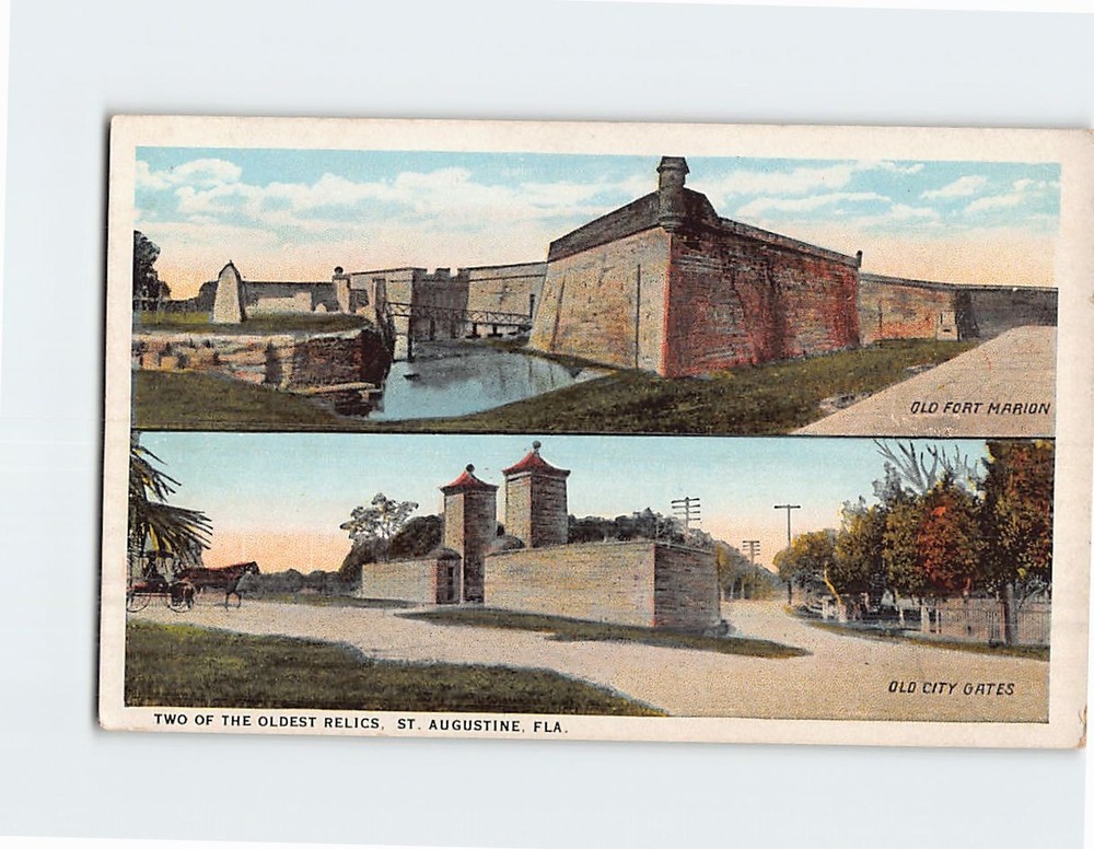Postcard Old Fort Marion and Old City Gates St. Augustine Florida USA
