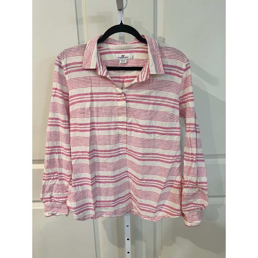Vineyard Vines Womens Pink Striped Linen Cotton Popover Top Size 14 Long Sleeve