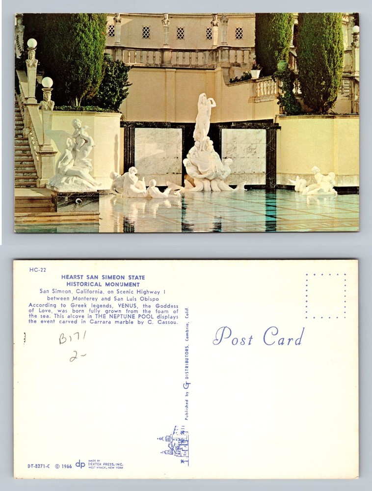 San Simeon, CA-California Neptune Pool Venus Statue Scene c1966 Vintage Postcard