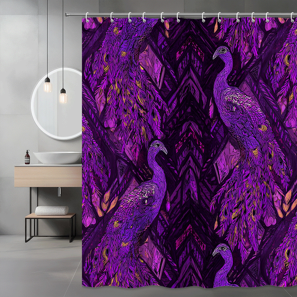 Purple Peacock Shower Curtain, Boho Animal Print, Abstract Chevron