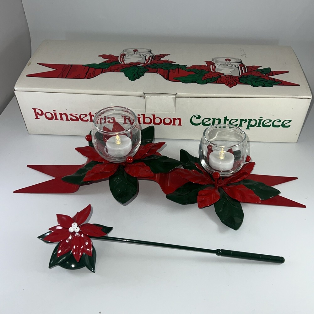 Dept 56 Poinsettia Ribbon Centerpiece Candle Holder Christmas Holiday W/ Snuffer
