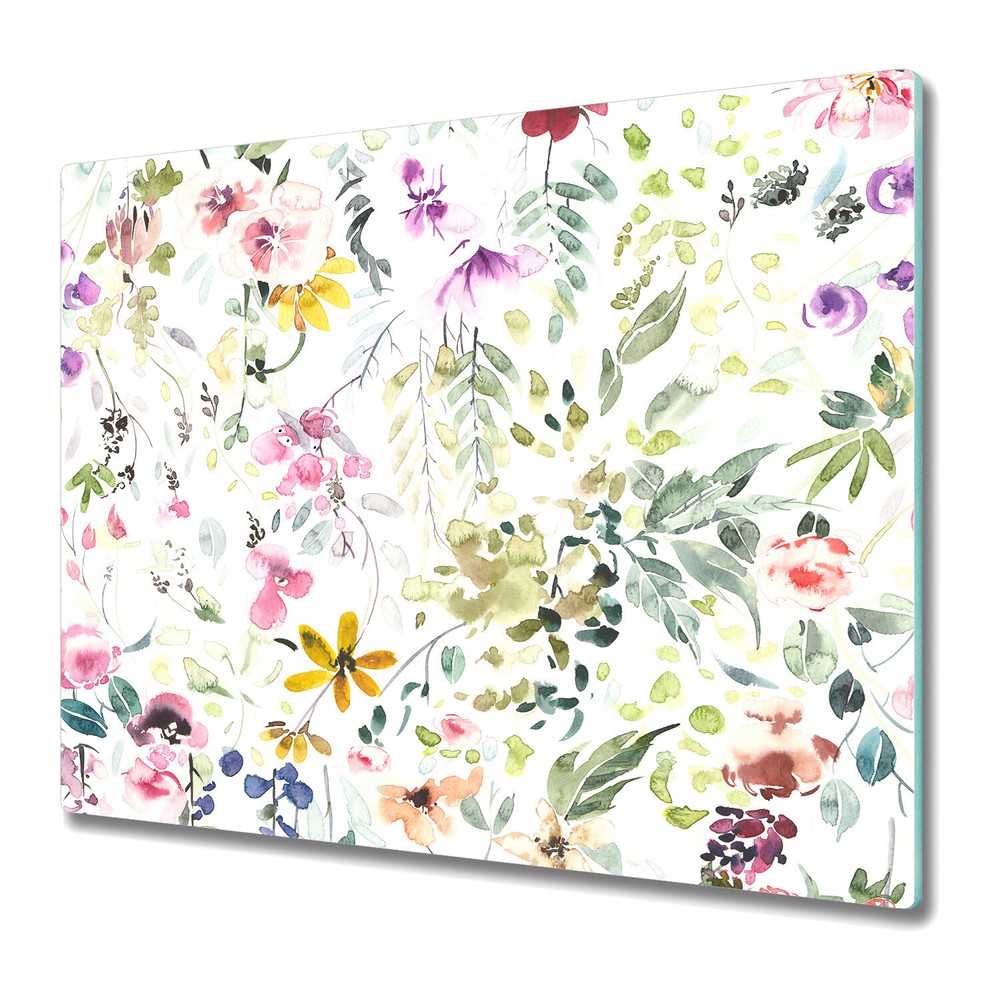Glass Kitchen Chopping Board Colourful Flowers And Leaves Pale Floral 60x52