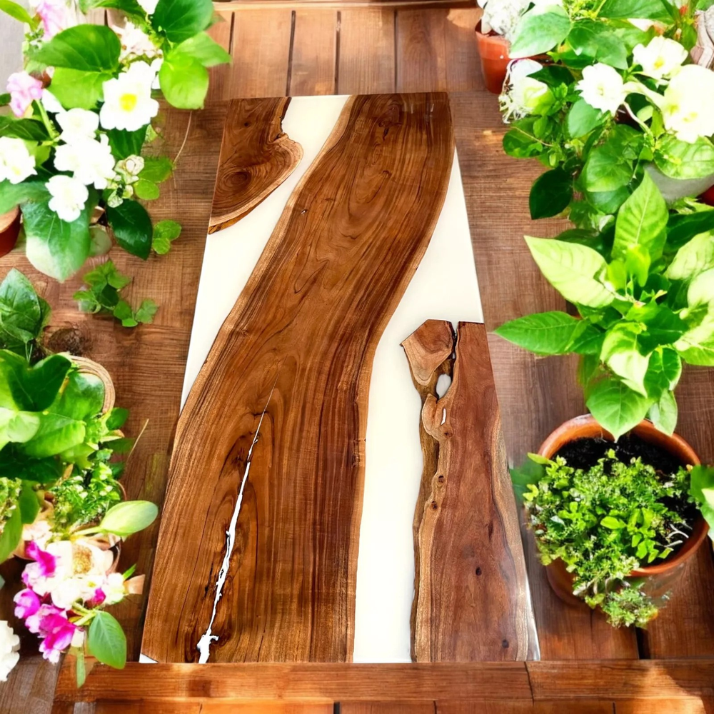 48x24 White Epoxy Resin Live Edge Acacia Wood Sofa Dining Table Home Decor-image