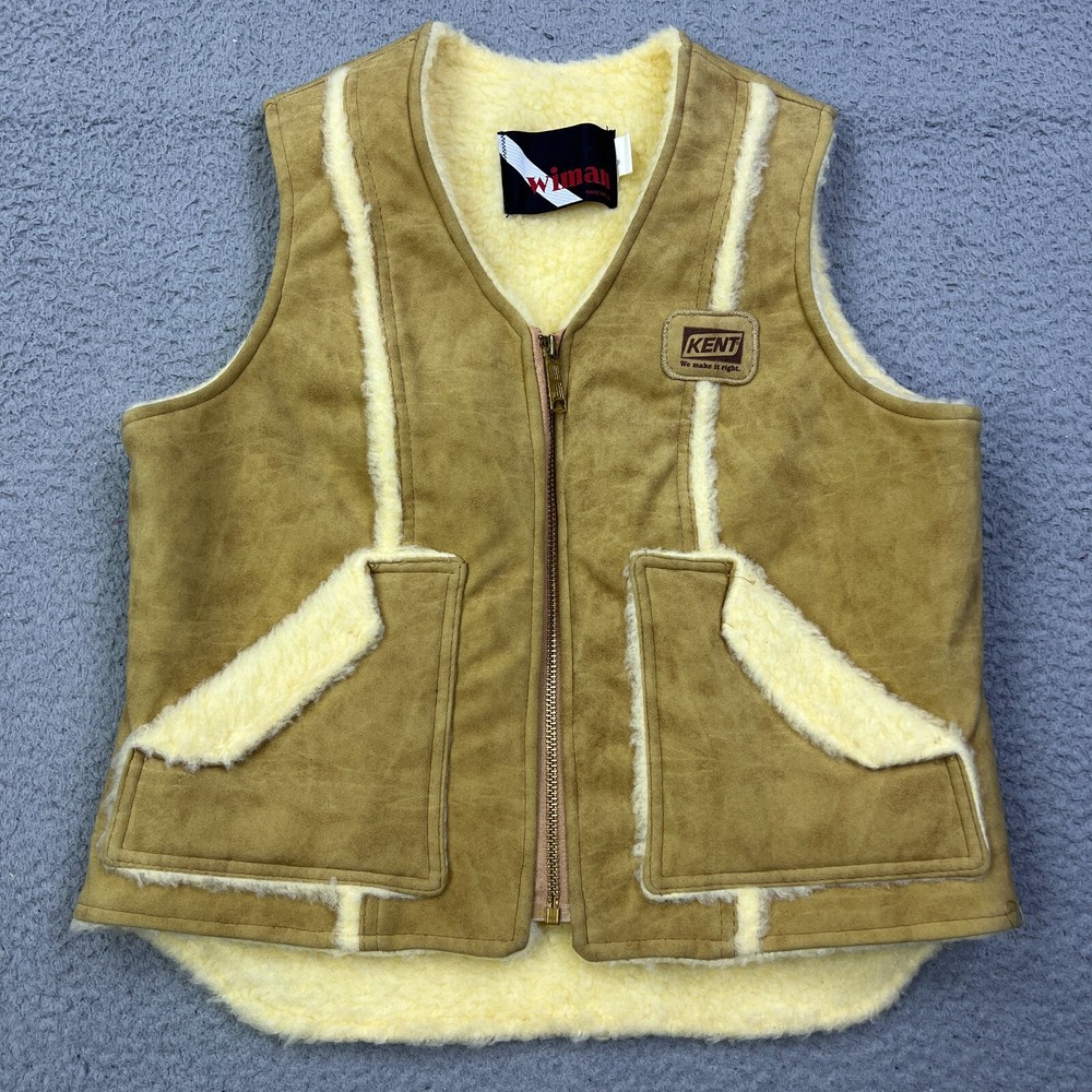 VTG Wiman Leather Suede Sherpa Lined Rancher Vest Men’s M Beige Kent Seeds USA