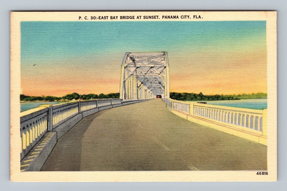 Panama City FL-Florida East Bay Bridge At Sunset Vintage Postcard Standard Post