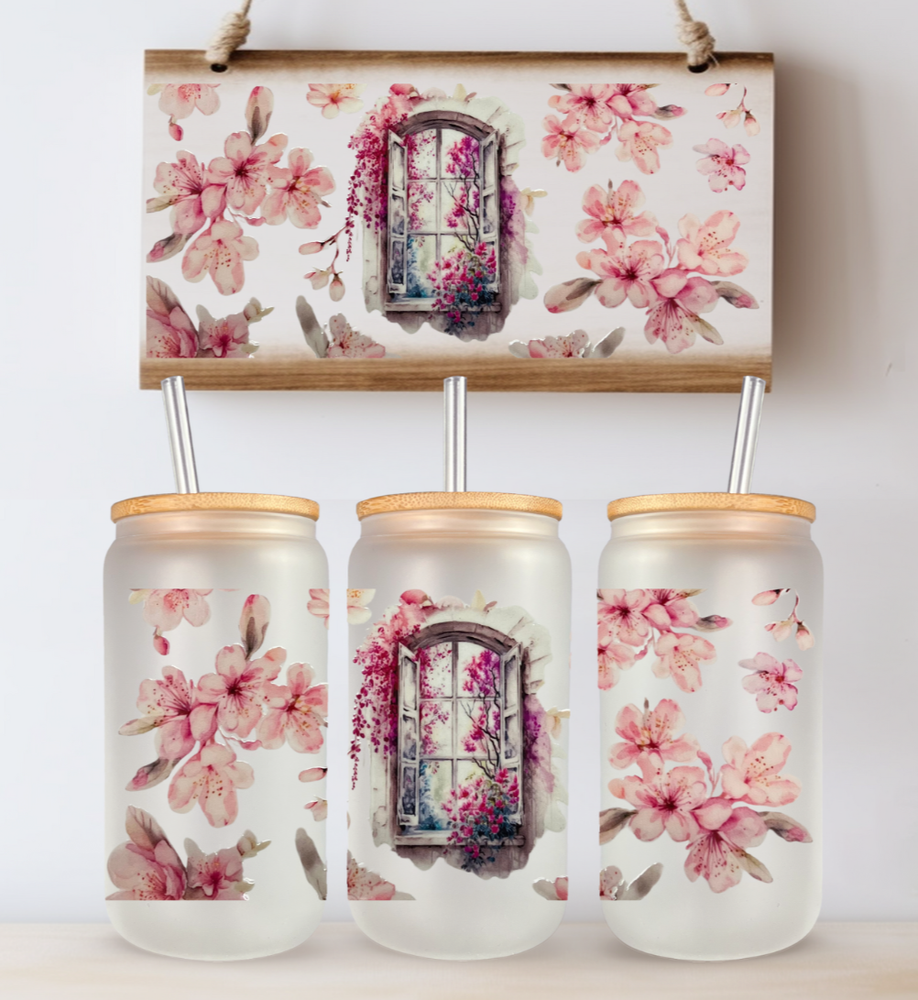 Pink Blossom 16oz Can Glass with Bamboo Lid and Reusable Straw