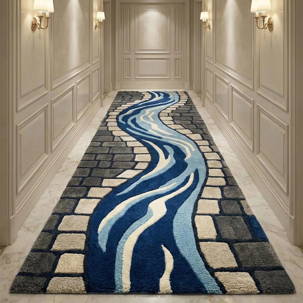 Hand Tufted Blue Abstract Runner Rug | Modern Hallway Carpet | Luxury Wool Corri