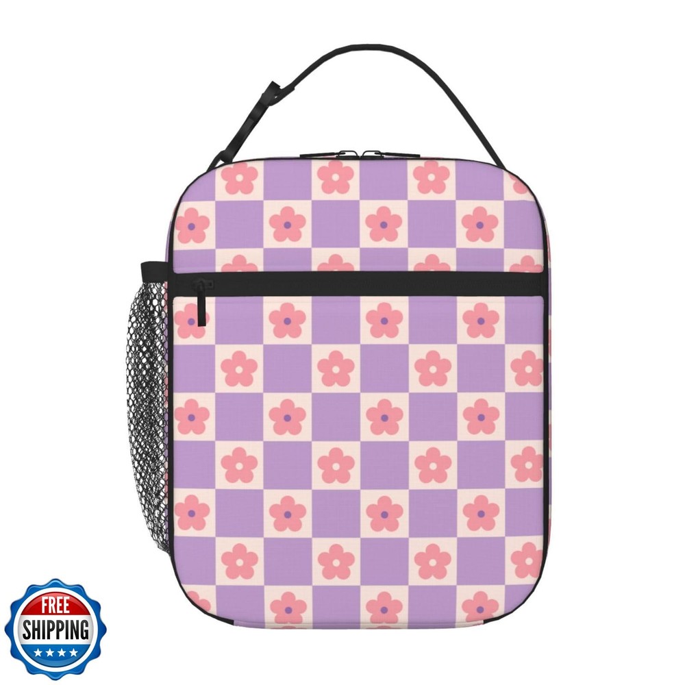 Checkered Pink Flower Insulated Kids Lunch Bag for School