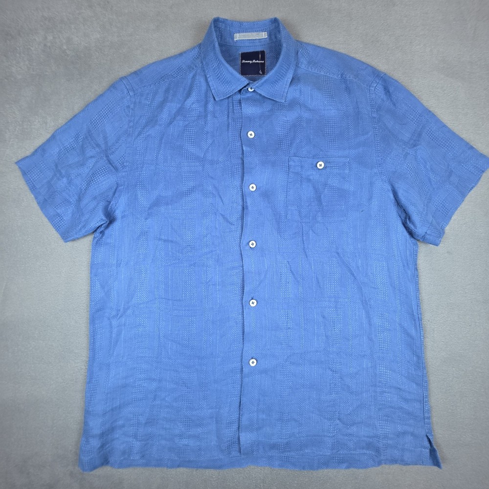 Tommy Bahama Men Large Blue 100% Linen Camp Shirt Short Sleeve Button Up Casual