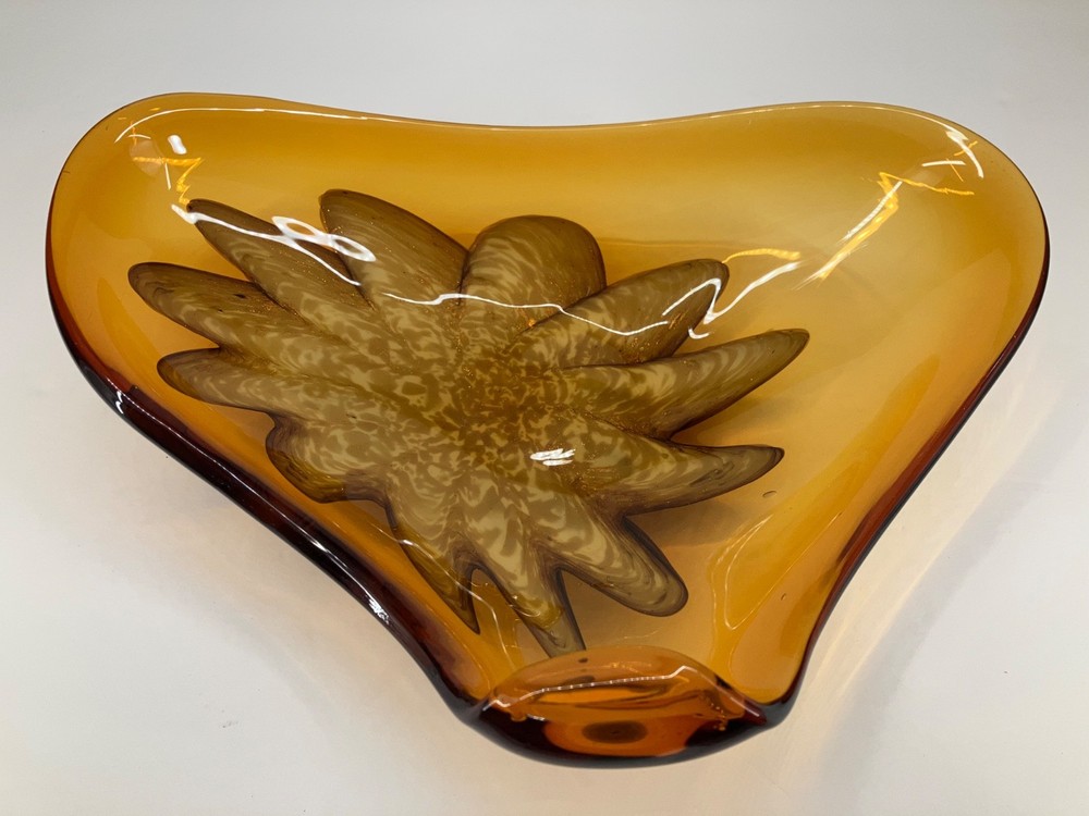 Vintage MCM Amber Murano Art Glass Bowl with Abstract Golden Flower Design-image
