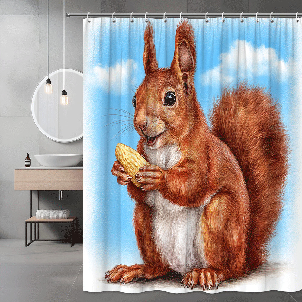 Squirrel Shower Curtain Blue Sky Cartoon Animal Print