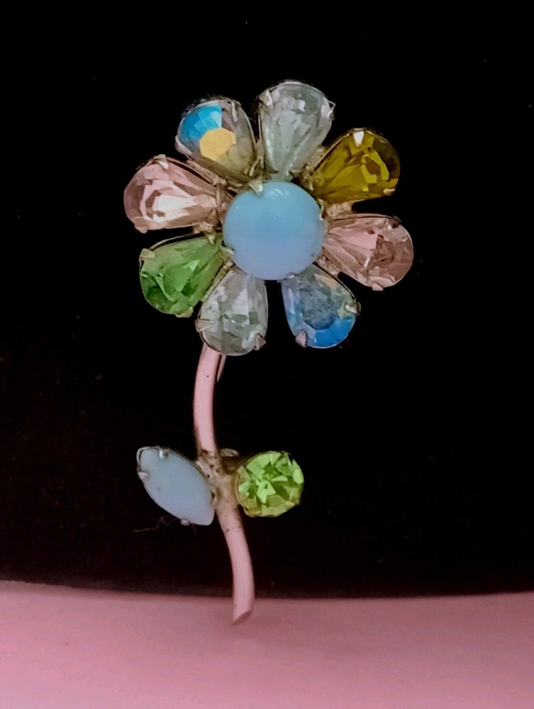 Regency Signed Vintage Brooch Flower Multicolored Rhinestones