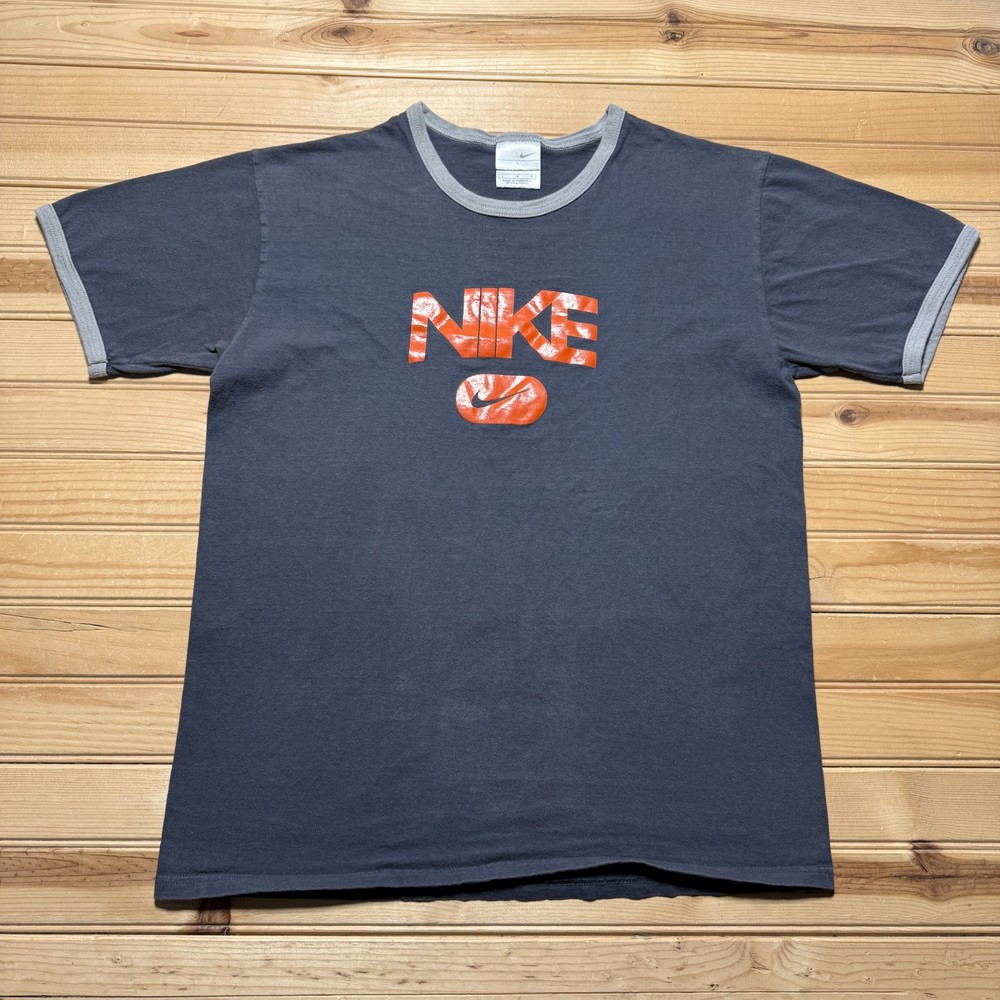 Vintage 90s Y2K Nike Spellout Mini Swoosh Short Sleeve Ringer T-Shirt Size Large