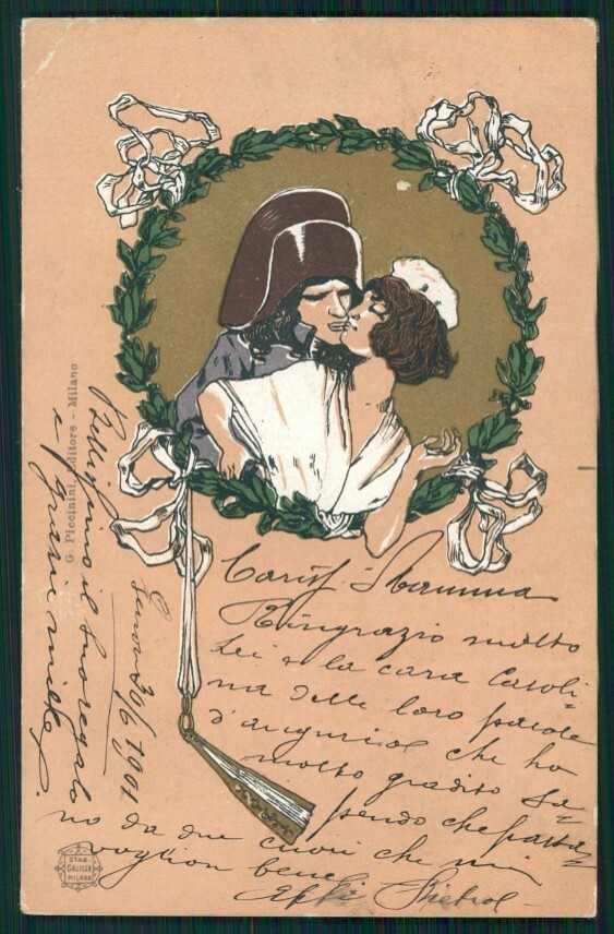 Artist Signed Art Nouveau Kiss Romantic Couple PIEGHE cartolina TC1079