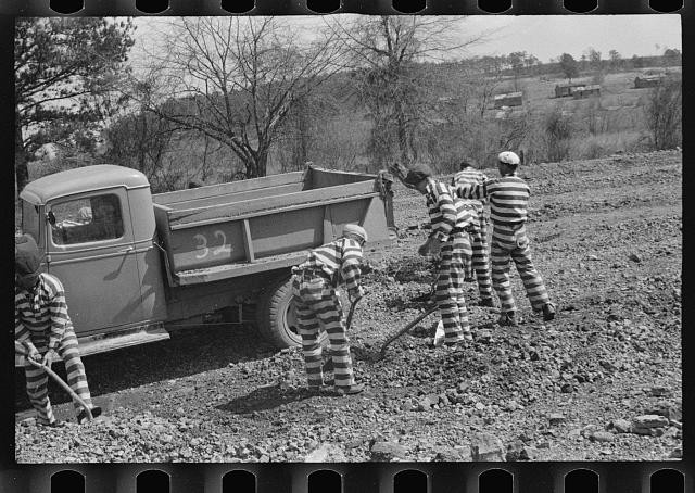 Photo:Prisoners Striped Uniforms Dump Truck Roadwork 1930s