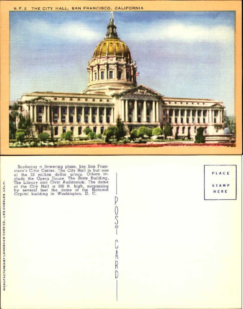 City Hall San Francisco California unused 1940s linen postcard