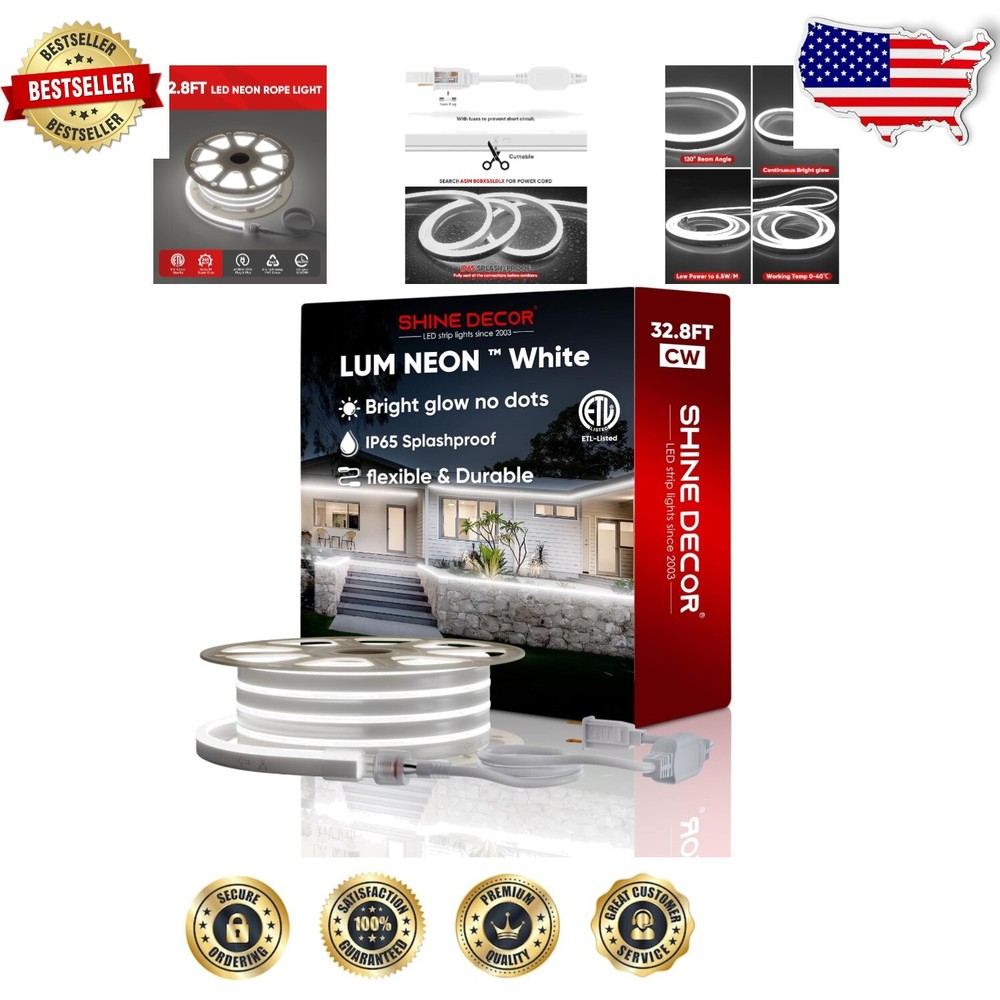 Cool White 32.8FT Neon LED Strip Light - Flexible & Cuttable for Décor