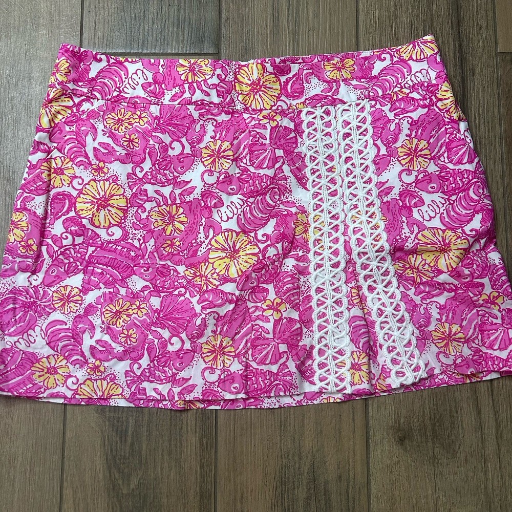 Lilly Pulitzer Jarvey Skort Chum Bucket Floral Fish Crab Pink/White Lace Size 6