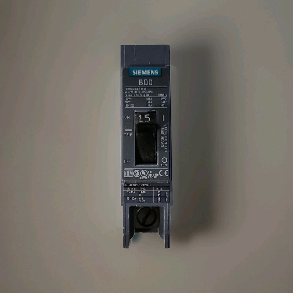 Siemens BQD115 15A 1-Pole Circuit Breaker 277V AC Bolt-On HACR HID