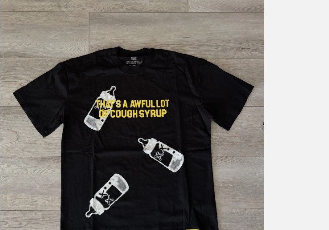 Thats a Awful Lot of Cough Syrup T-Shirt Size Large Black & Yellow Baby Bottle