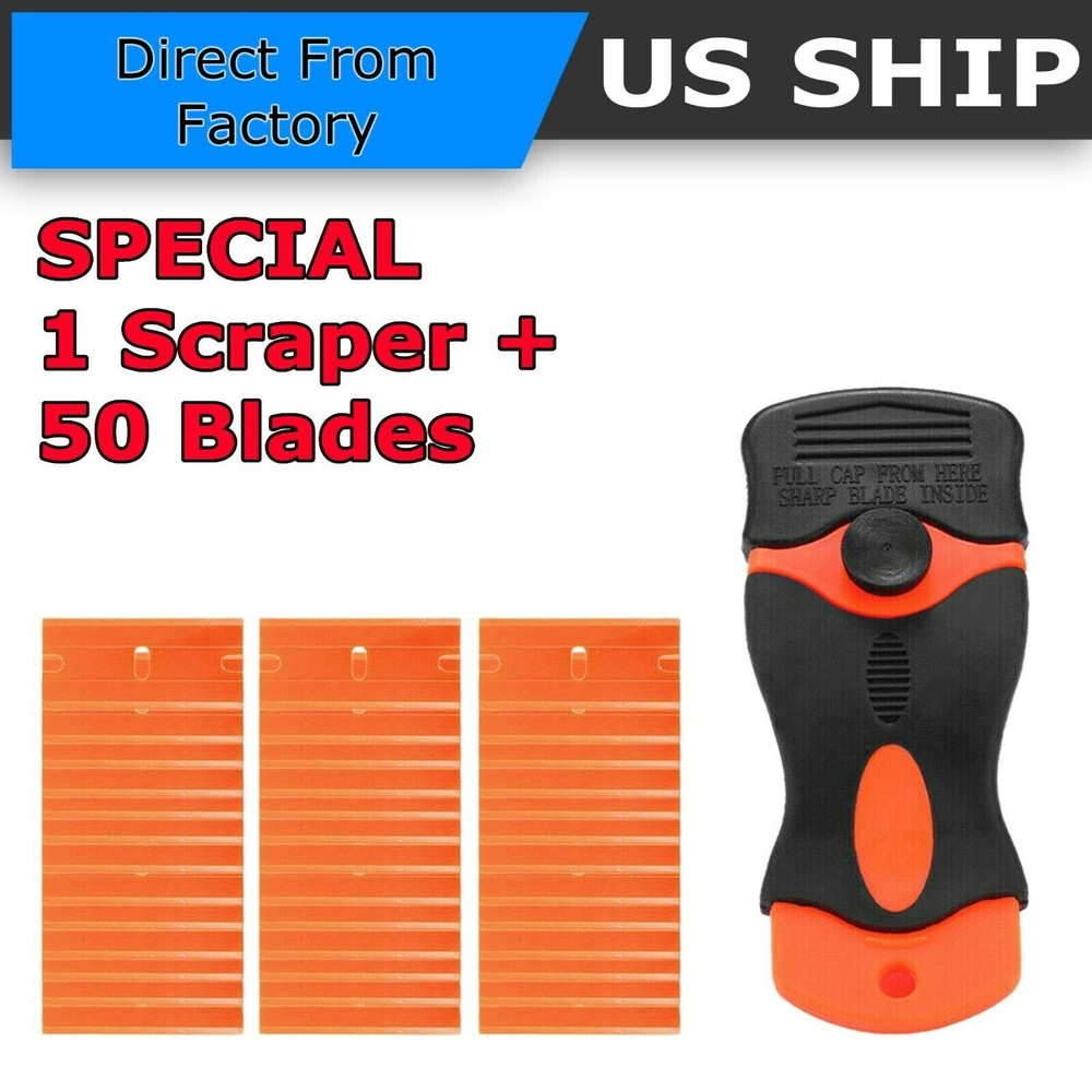 50 Pcs Plastic Razor Blades + 1 Razor Scraper Double Edged Sticker Removal Tool