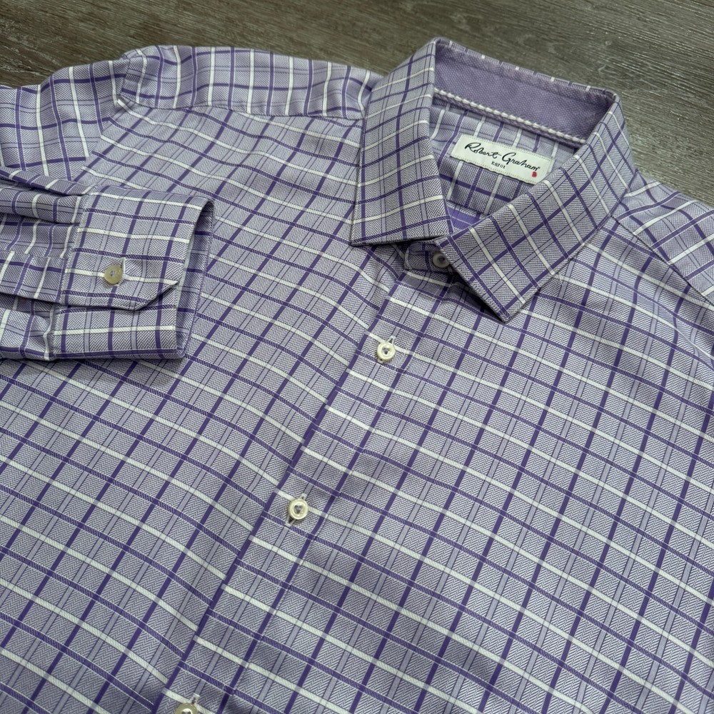 Robert Graham Shirt Mens 17 43 Purple Plaid Button Up Cotton XL Modern Preppy