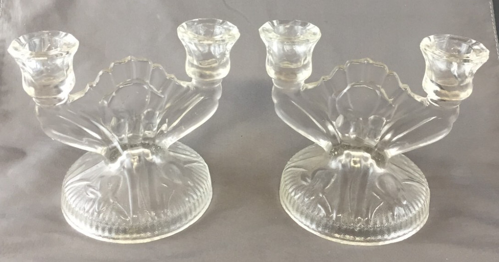 Vintage Set of 2 Jeannette Glass Iris Clear Double Light Candlestick Holders