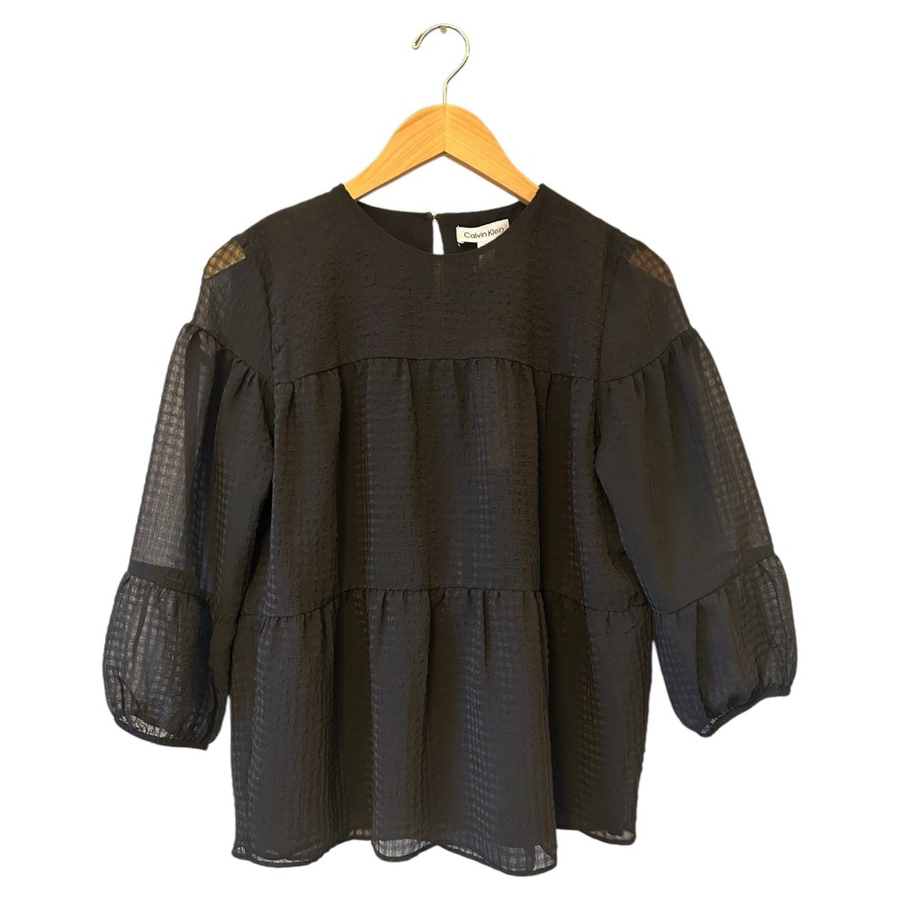Calvin Klein Black Sheer Boho Peasant Blouse Small NWT Balloon Sleeve Top