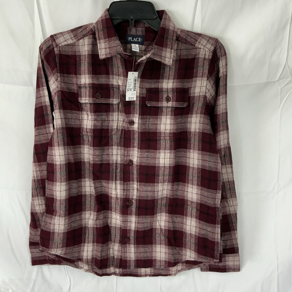 NWT Children’s Place Boys Red Cotton Plaid Long Sleeve Button Up Shirt 14 XL
