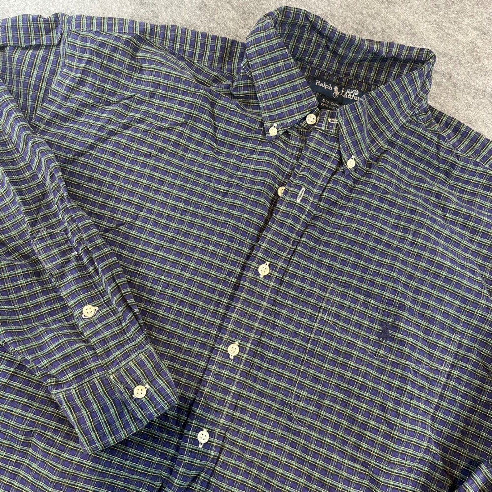 Ralph Lauren Mens Big Shirt Blue Green Plaid Preppy Button Down XL Long Sleeve