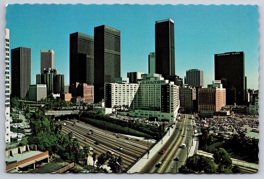 Los Angeles Skyline California Postcard Harbor Freeway & Hilton Hotel USA