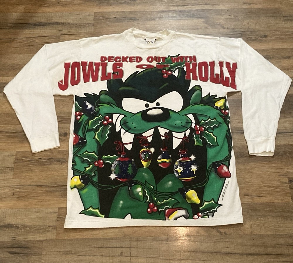 VINTAGE 1996 Looney Tunes Taz “Decked Out With Jowls Of Holly” Shirt *READ*