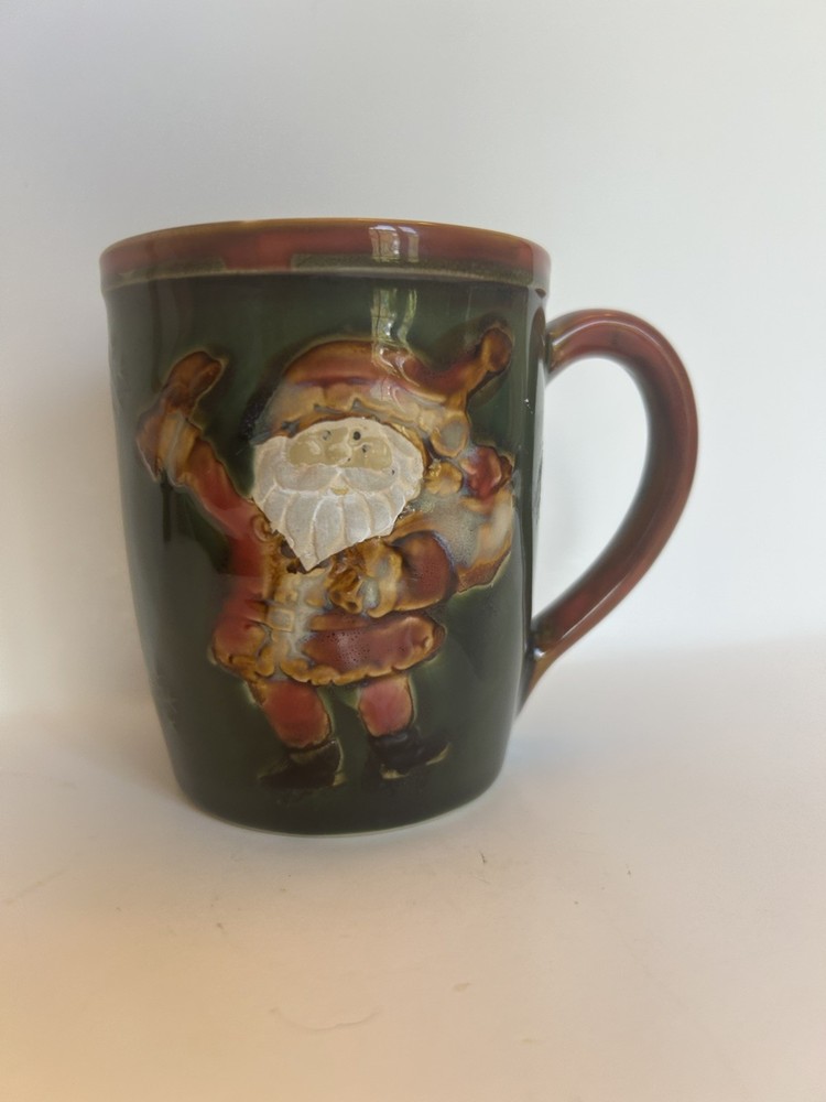 Embossed Ceramic Christmas Santa Coffee Mug Green Red Pottery Art Folk Art