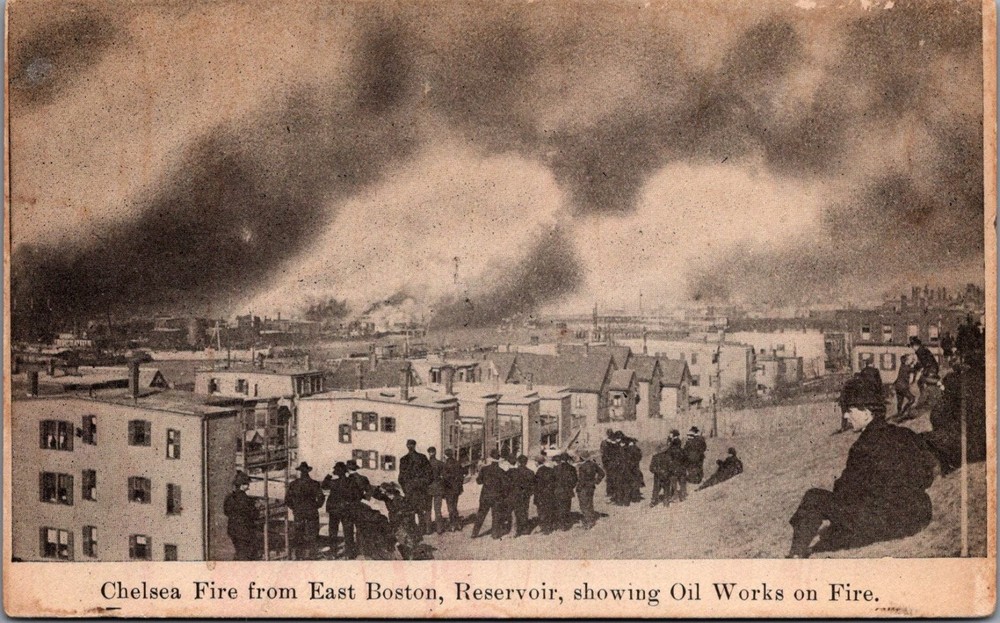 1908 Chelsea Fire from East Boston Reservoir Postcard - Oil Works Blaze