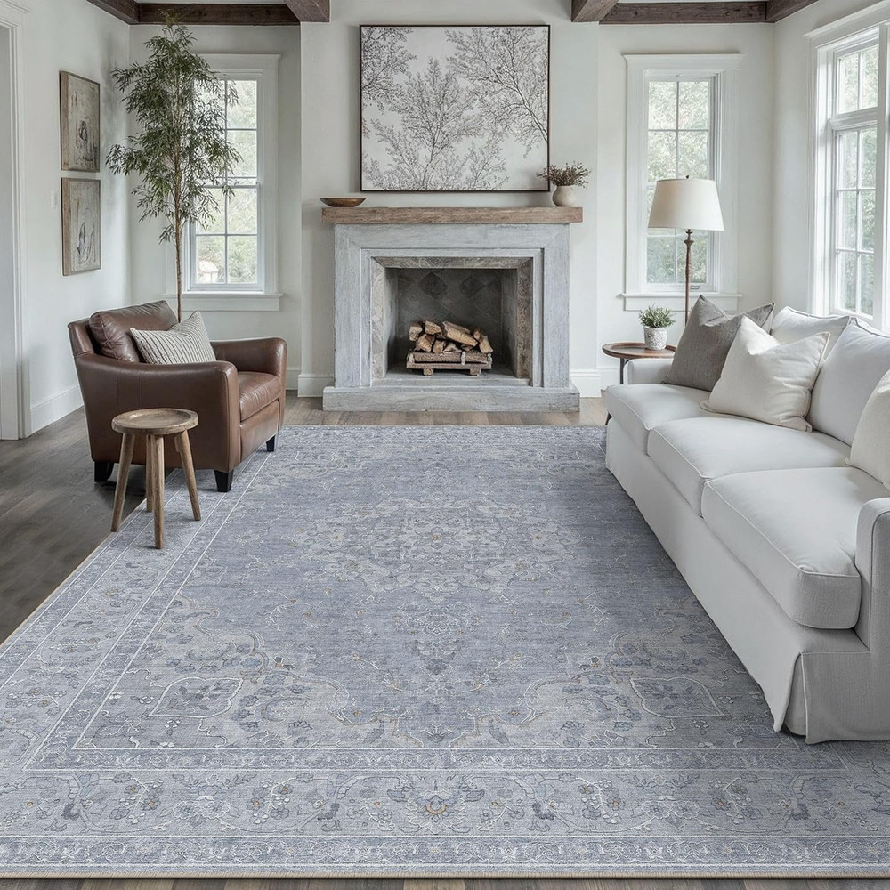 8X10 Area Rugs Machine Washable Rugs Vintage Blue Large Living Room Bedroom Rug