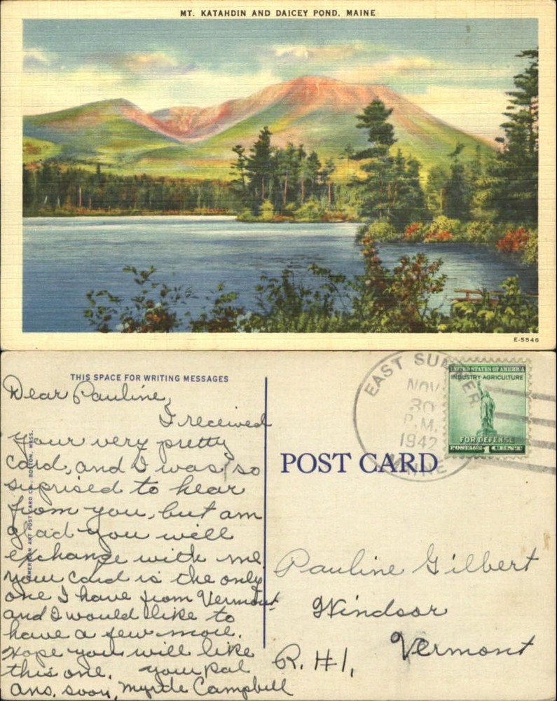Mt. Katahdin and Daicey Pond Maine ME 1930s mailed 1942 vintage postcard