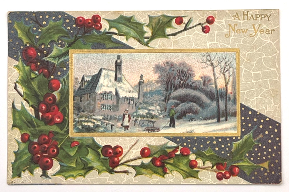 Embossed New Year Postcard Holly Winter Scene Gold Gilt 1912