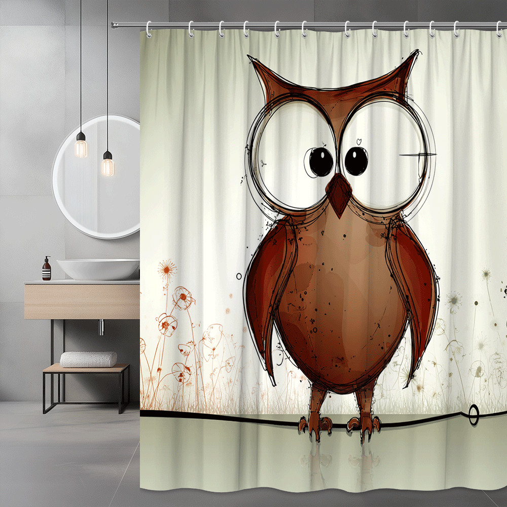 Owl Shower Curtain Cartoon Bird Print Bathroom Decor