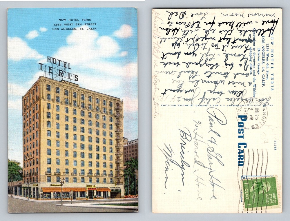 Los Angeles, CA-California, Hotel Teris Street View Vintage c1950 Postcard