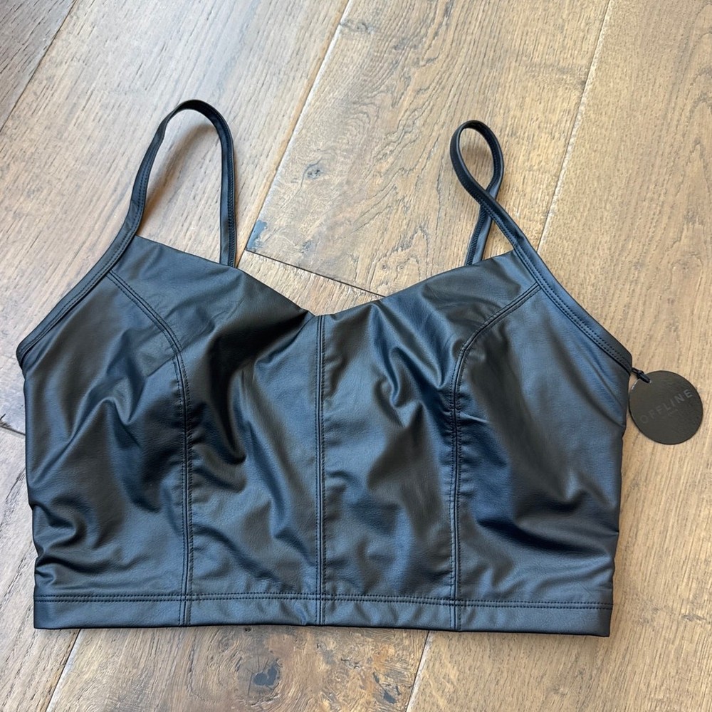 OFFLINE by Aerie Real Luxe Recharge Faux Leather Crop Top Black Womens M NWT