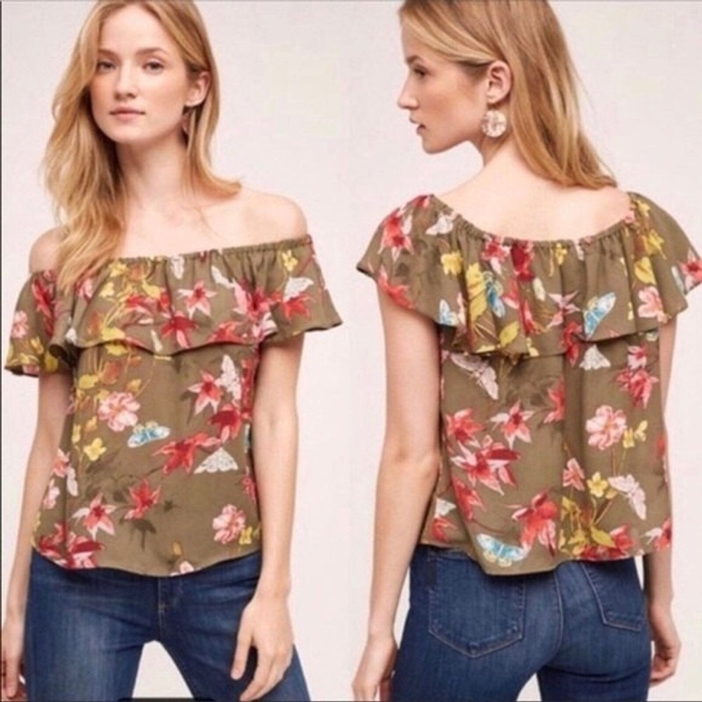 ANTHROPOLOGIE MAEVE Off Shoulder Top olive green colorful floral size small